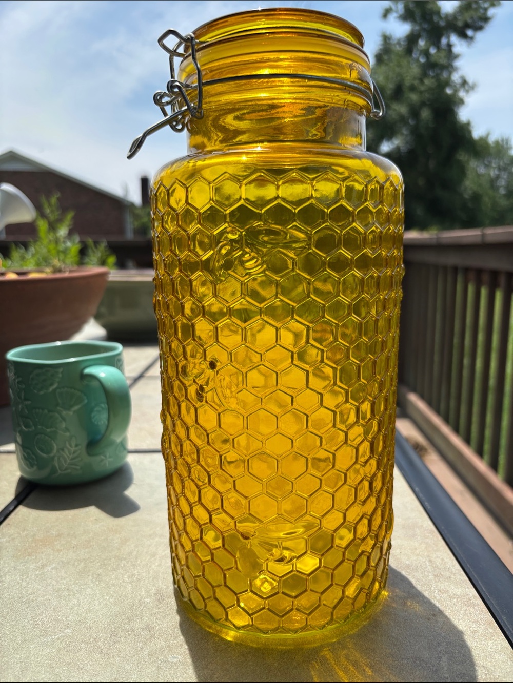 Large Tall Bee Glass Canister / jar Gorgeous amber - yellow honeycomb embossed